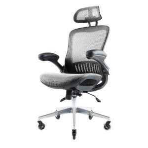 nouhaus ergoflip mesh computer chair - grey rolling desk chair with retractable armrest and blade wheels ergonomic office chair, desk chairs, executive swivel chair/high spec base