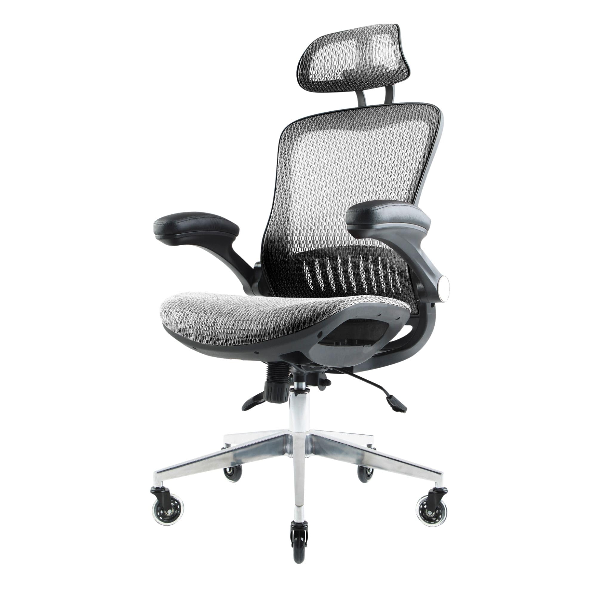 Nouhaus ErgoFlip Mesh Computer Chair - Grey Rolling Desk Chair with Retractable Armrest and Blade Wheels Ergonomic Office Chair, Desk Chairs, Executive Swivel Chair/High Spec Base