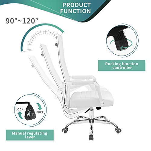 Tuoze Office Chair High Back Leather Desk Chair Modern Executive Ribbed Chairs Height Adjustable Conference Task Chair with Arms (White)