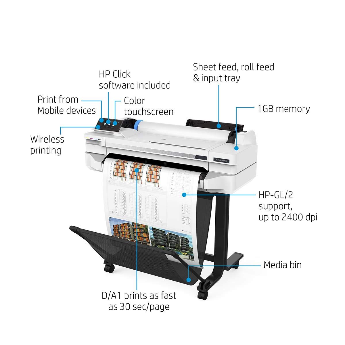 HP DesignJet T530 Large Format Wireless Plotter Printer - 24", with Mobile Printing (5ZY60A)