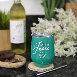 Mom Stainless Steel Wine Tumbler - 12oz with Steel Straw, BPA Free Lid, & Straw Cleaning Brush - Stemless Insulated Wine Tumbler with Lid - Gift for Mothers who Love Coffee, Tea - Mom Juice