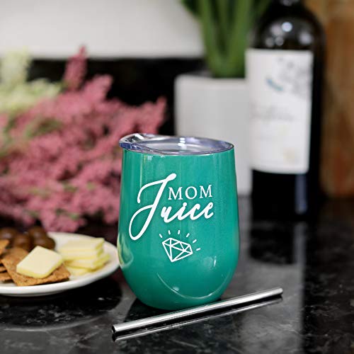 Mom Stainless Steel Wine Tumbler - 12oz with Steel Straw, BPA Free Lid, & Straw Cleaning Brush - Stemless Insulated Wine Tumbler with Lid - Gift for Mothers who Love Coffee, Tea - Mom Juice