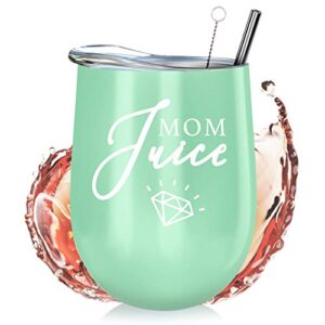 Mom Stainless Steel Wine Tumbler - 12oz with Steel Straw, BPA Free Lid, & Straw Cleaning Brush - Stemless Insulated Wine Tumbler with Lid - Gift for Mothers who Love Coffee, Tea - Mom Juice