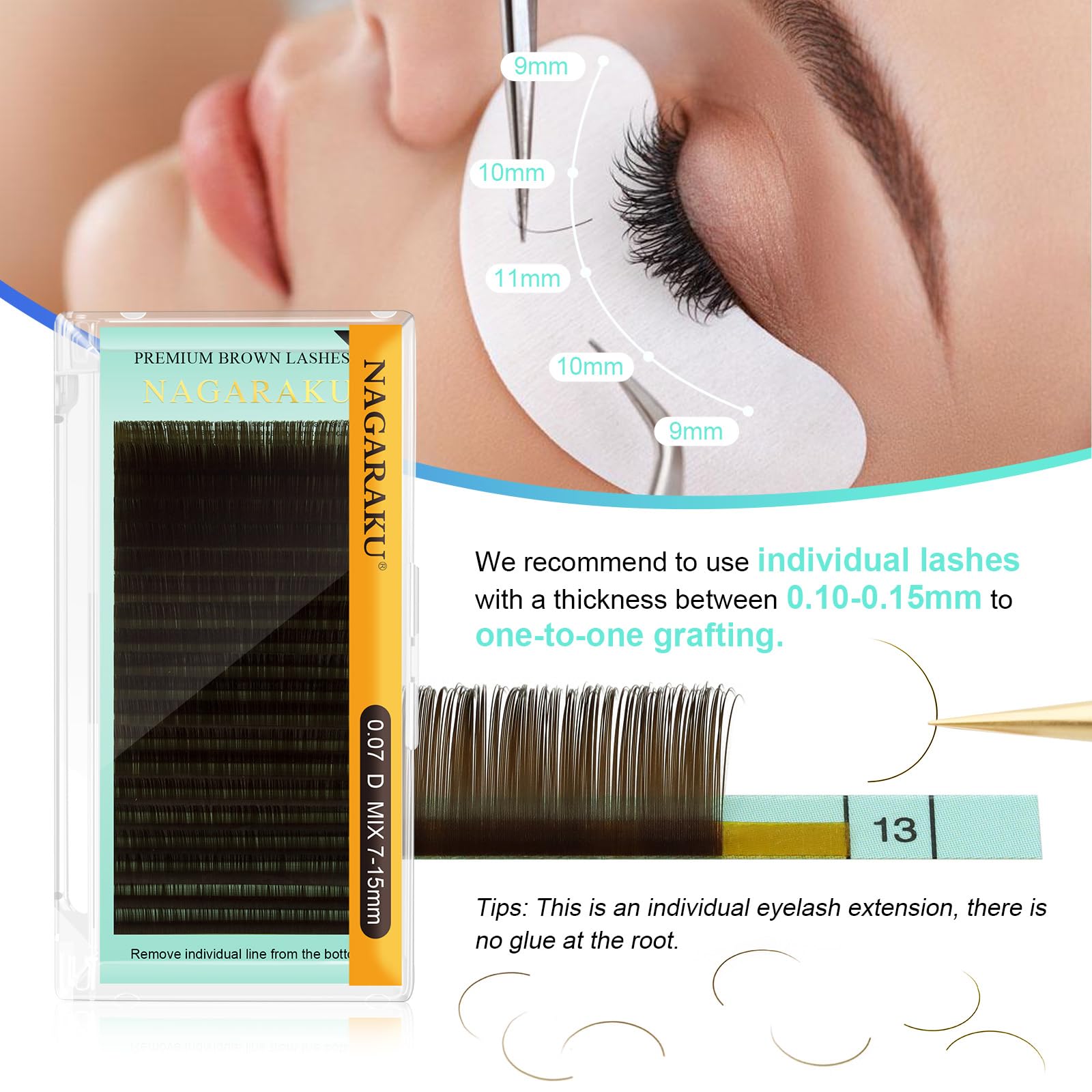 NAGARAKU Natural Brown Color Eyelash Extensions 0.15mm D curl 7-15mm Mix Tray Individual Lashes Classic Faux Mink Volume 20 rows Soft Eyelash Supplies