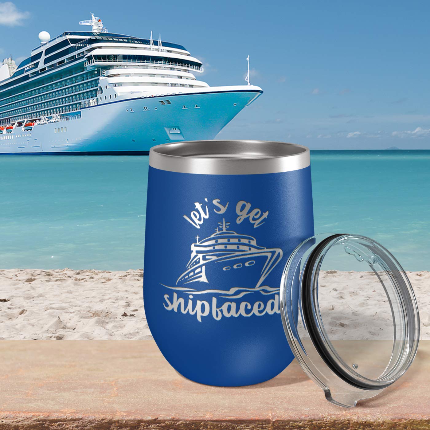 Let’s Get Shipfaced | Insulated Stainless Steel Wine Tumbler | Cup for Hot and Cold Drinks with Graphics | Funny Tumblers for Drinking | Cruise Ship Gift Ideas |12oz Blue | By Laser Etchpressions