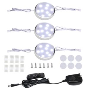 led under counter lighting fixture,3 pack wired linkable under cabinet lights for kitchen,plug in puck lights with manual switch for wardrobe closet showcase bookcase（6000k daywhite）