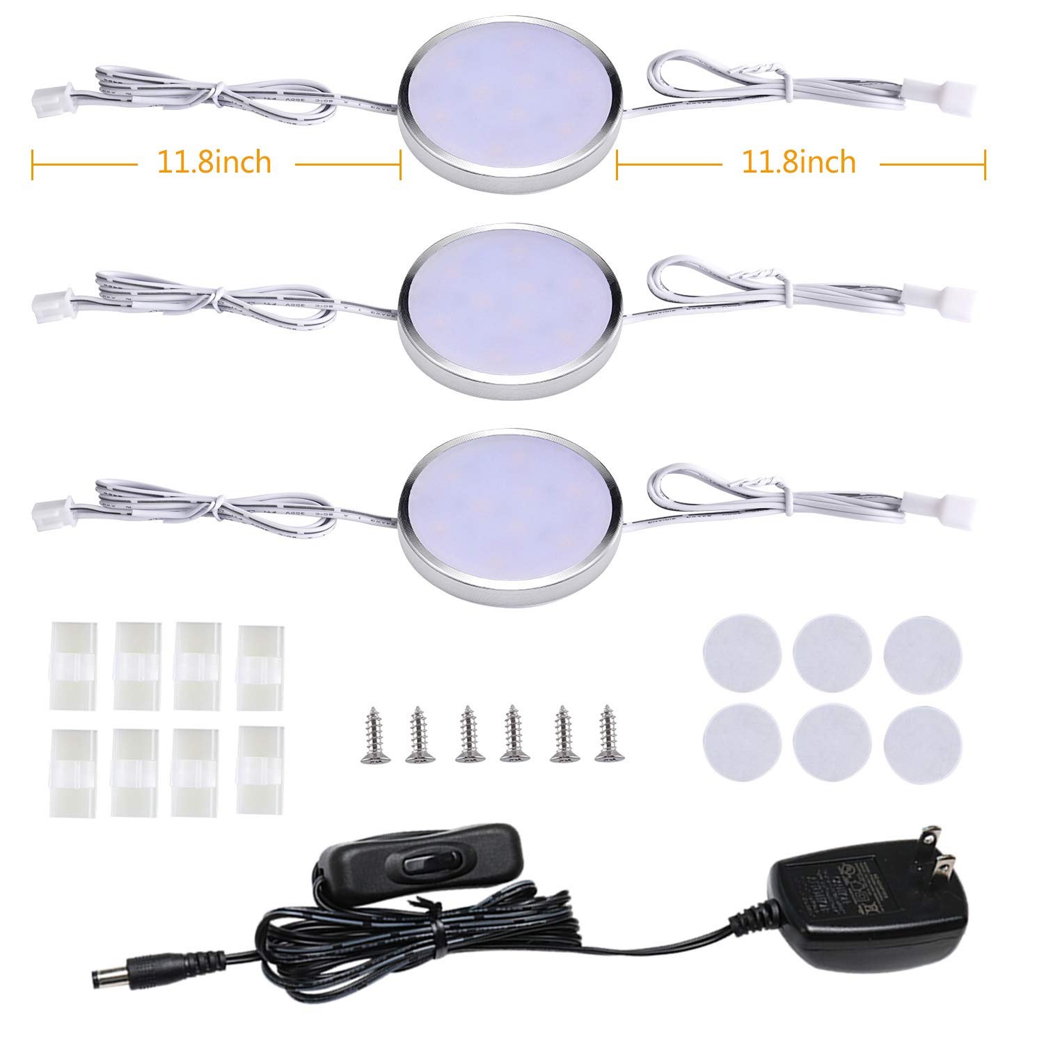 LED Under Counter Lighting Fixture,3 Pack Wired Linkable Under Cabinet Lights for Kitchen,Plug in Puck Lights with Manual Switch for Wardrobe Closet Showcase Bookcase（6000K Daywhite）