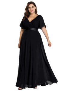 ever-pretty women's long v-neck ruffle short sleeves plus size bridesmaid dresses black us22