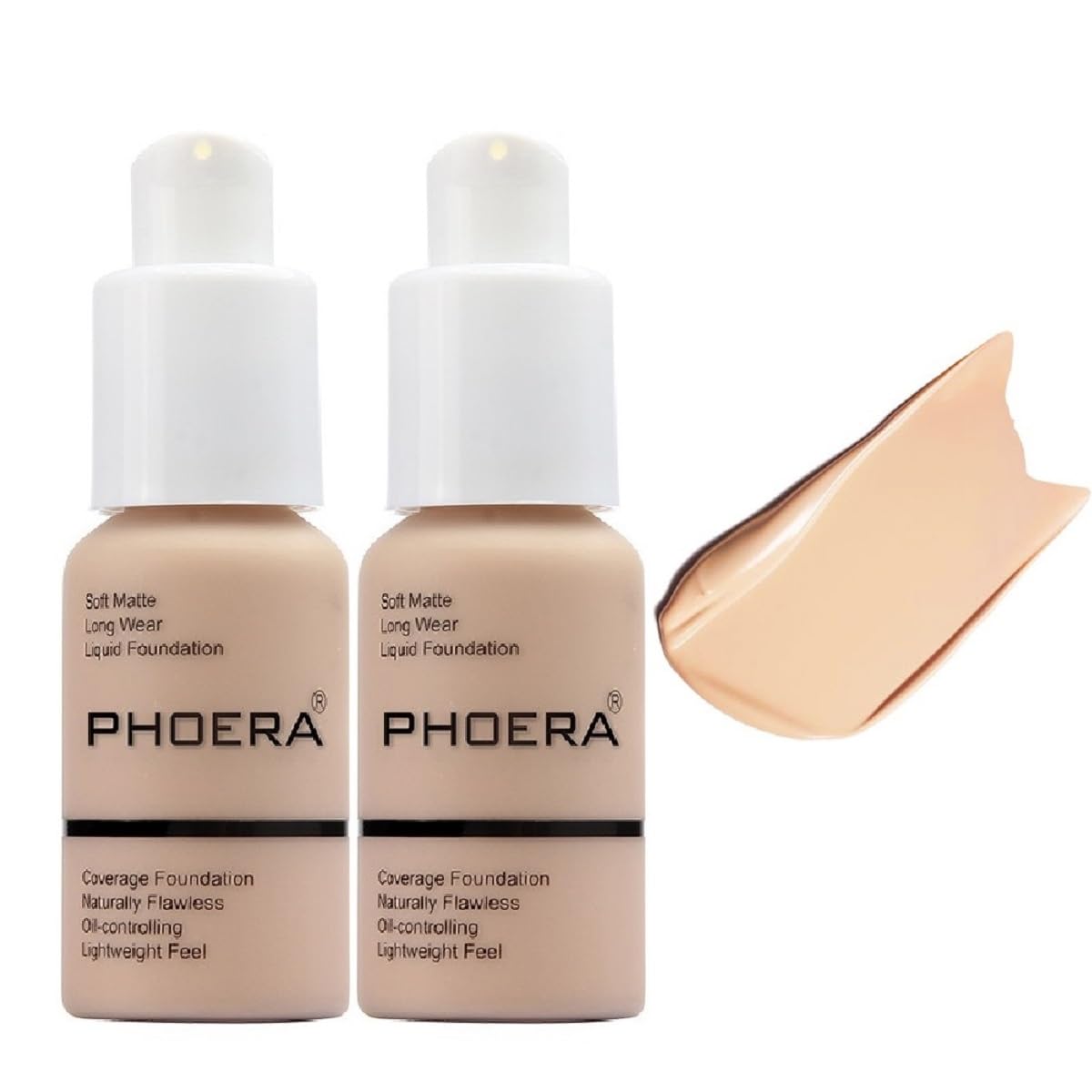 2 Pack PHOERA Foundation,Flawless Matte Liquid Foundation Makeup for Women。102 Nude-30m