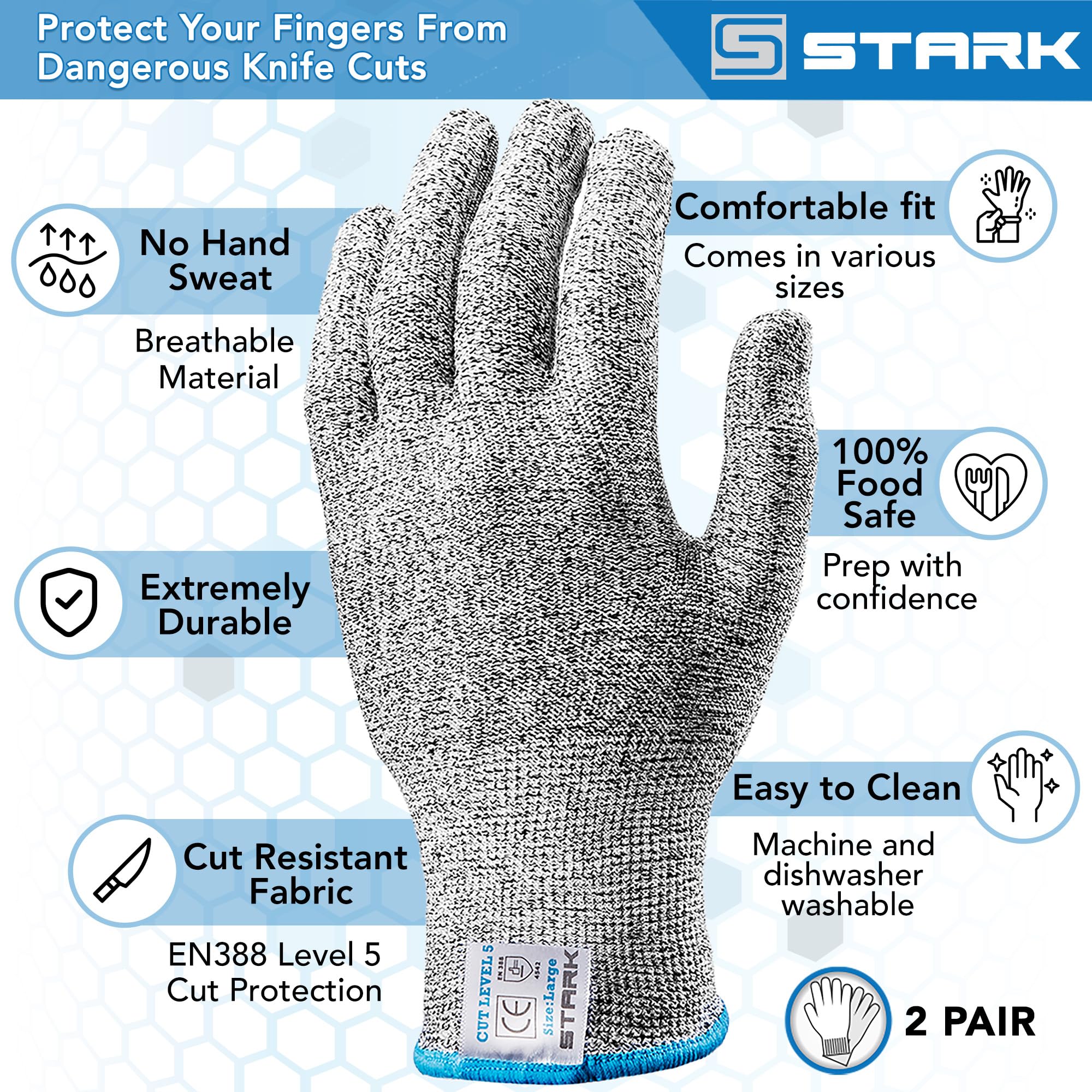 Stark Safe Cut Resistant Gloves, Level 5 Protection, Kitchen Cut Gloves for Meat, Shucking, Fillet, Mandolin Slicing, Carving, 2 Pair, Large