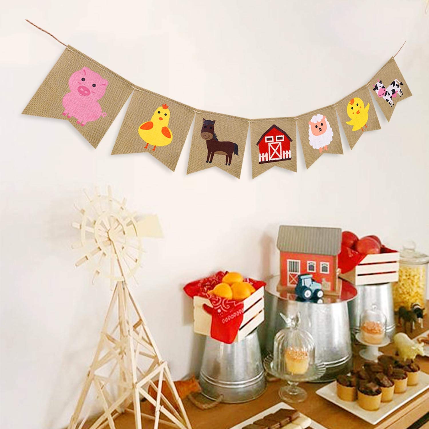 Farm Animal Burlap Banner High Chair Garland Farmhouse Hanging Pennant Birthday Party Pre-strung Bunting Baby Shower Decorations