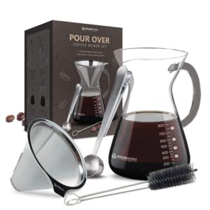 housewares solutions pour over coffee maker set - 34 oz glass carafe, stainless steel filter with coffee scoop and cleaning brush