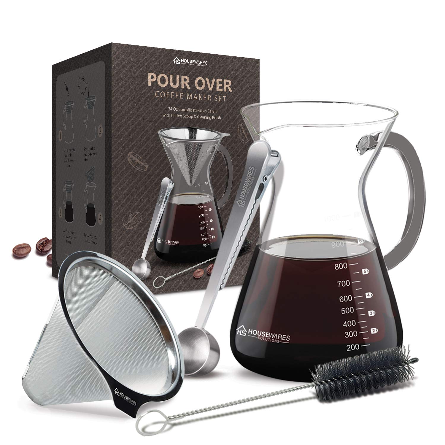 Housewares Solutions Pour Over Coffee Maker Set - 34 oz Glass Carafe, Stainless Steel Filter with Coffee Scoop and Cleaning Brush