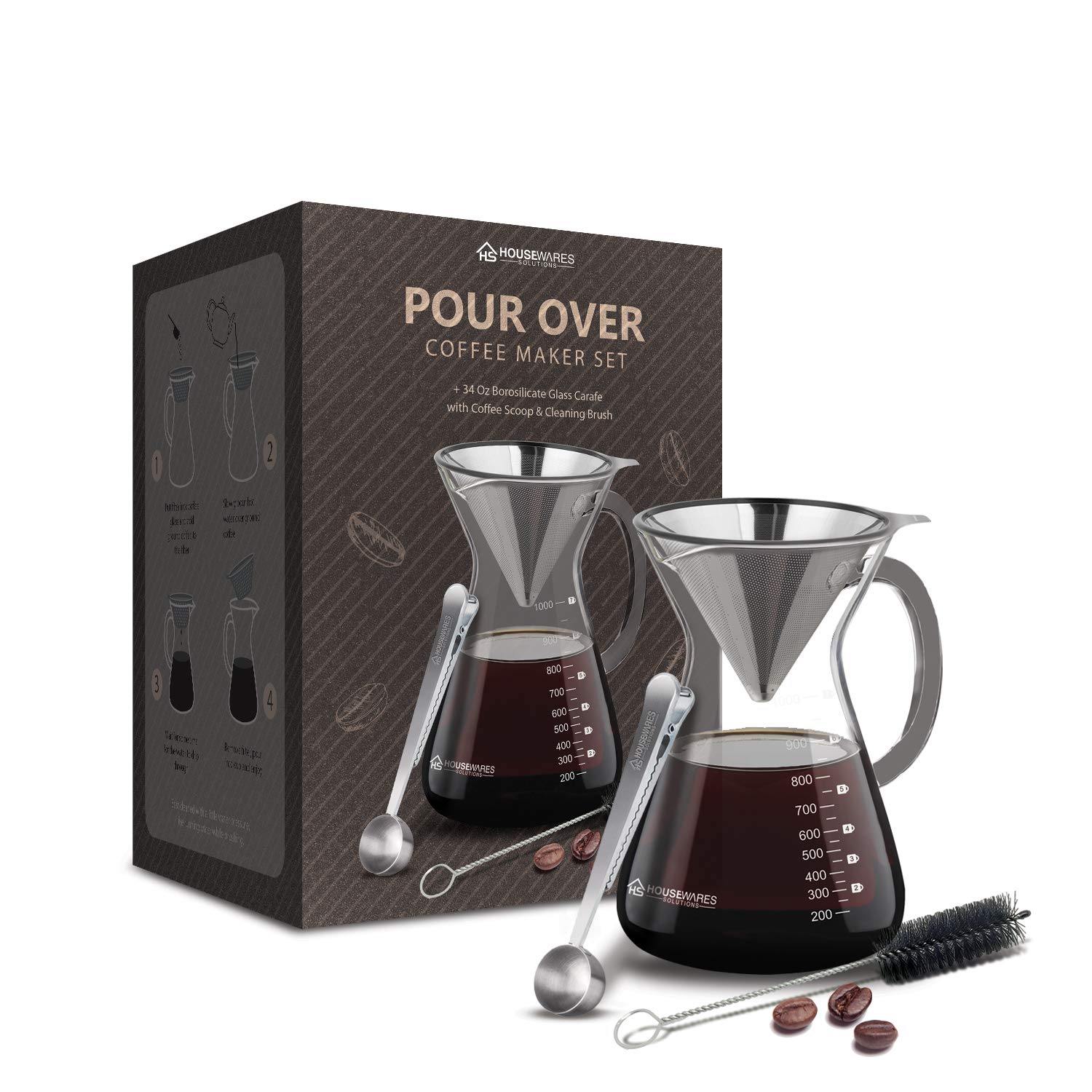 Housewares Solutions Pour Over Coffee Maker Set - 34 oz Glass Carafe, Stainless Steel Filter with Coffee Scoop and Cleaning Brush