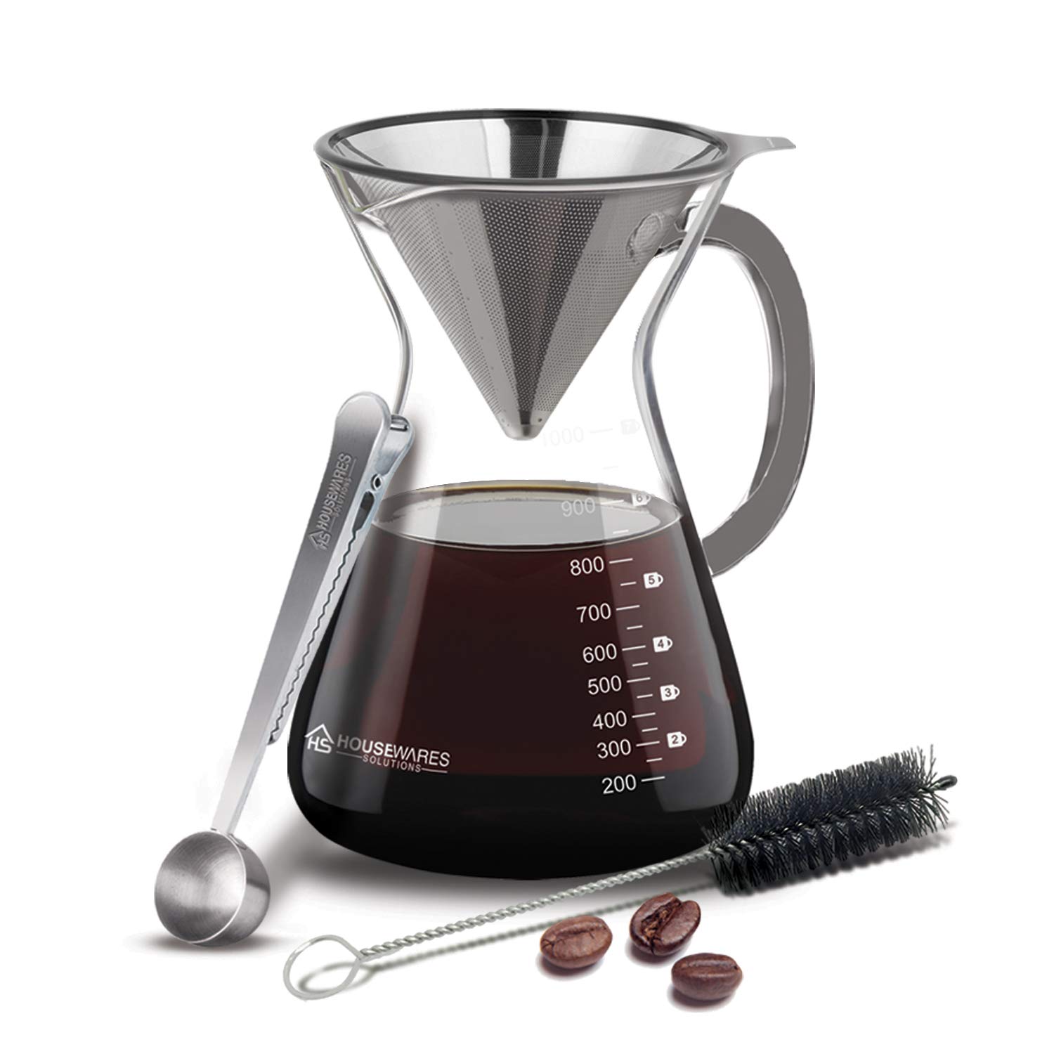 Housewares Solutions Pour Over Coffee Maker Set - 34 oz Glass Carafe, Stainless Steel Filter with Coffee Scoop and Cleaning Brush