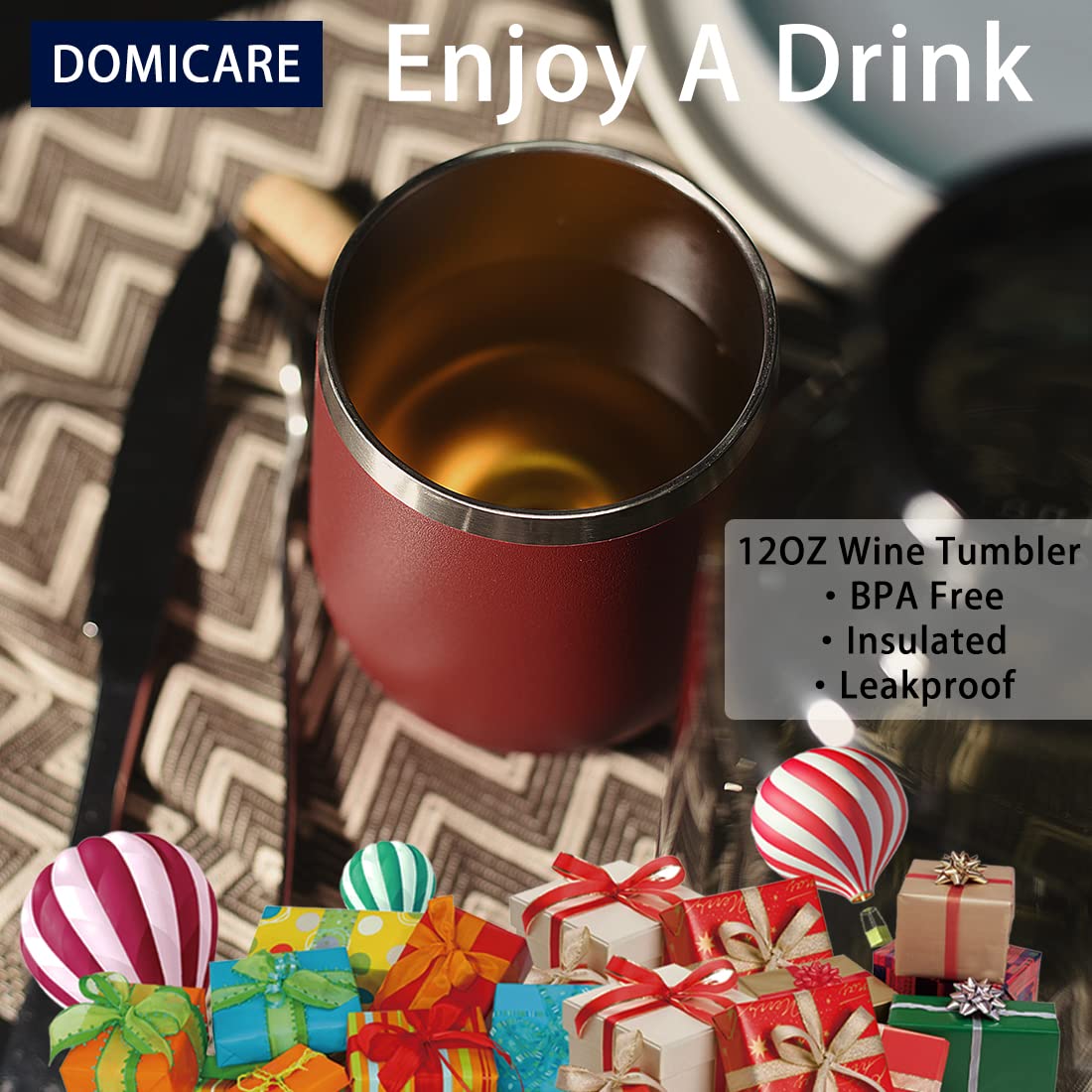 DOMICARE Stainless Steel Wine Tumbler Bulk with Lid, Personalized Insulated Tumblers Set, 12oz Travel Coffee Cups Pack of 1, Red