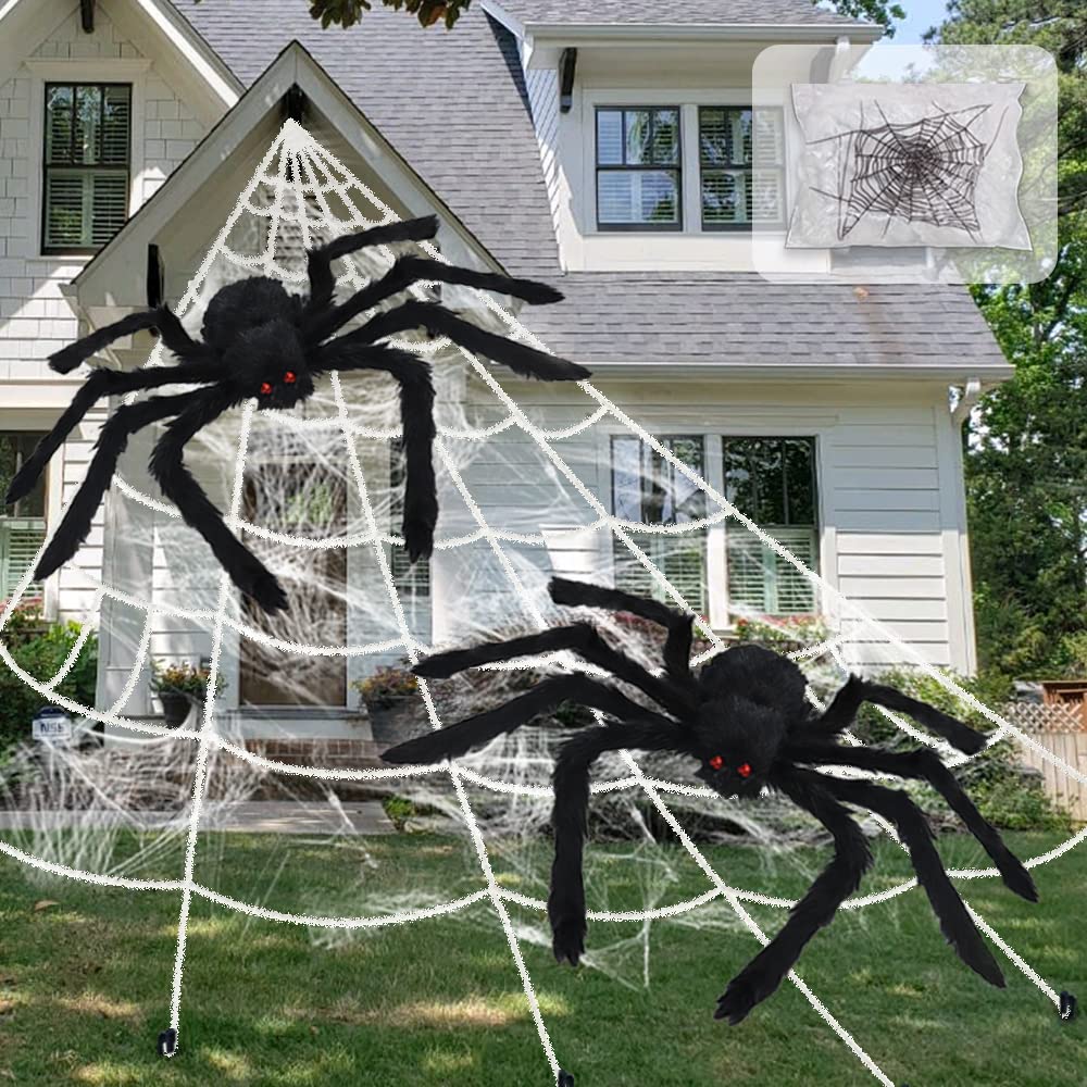 Pawliss Giant Spider Halloween Decorations, 16 Ft Giant Spider Web with 2 Pack 30 inches Spiders Set, Halloween Decorations Outdoor for Patio Lawn Yard Decor