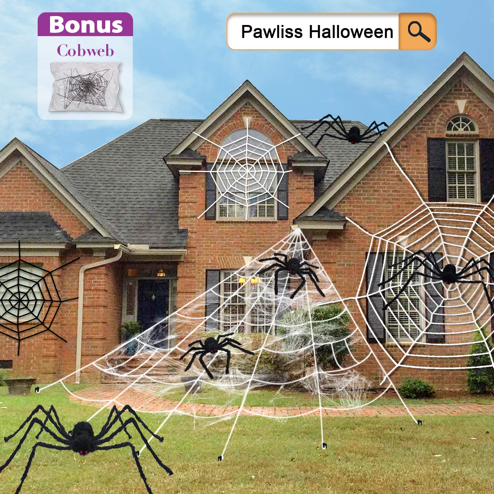 Pawliss Giant Spider Halloween Decorations, 16 Ft Giant Spider Web with 2 Pack 30 inches Spiders Set, Halloween Decorations Outdoor for Patio Lawn Yard Decor