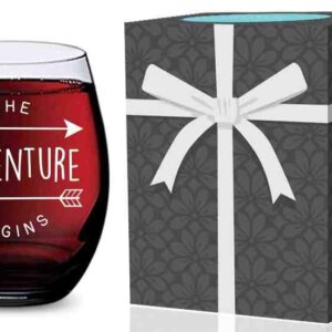 GSM Brands Stemless Wine Glass for Weddings, Graduation, New Jobs, New Homes, and New Babies (Adventure Begins) Made of Unbreakable Tritan Plastic and Dishwasher Safe - 16 ounces