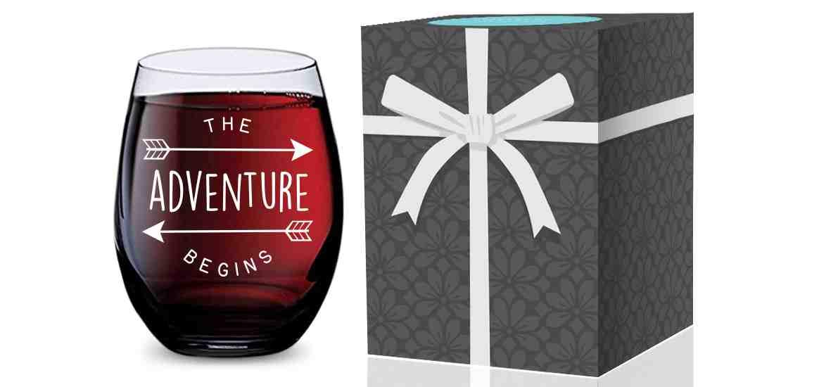 GSM Brands Stemless Wine Glass for Weddings, Graduation, New Jobs, New Homes, and New Babies (Adventure Begins) Made of Unbreakable Tritan Plastic and Dishwasher Safe - 16 ounces