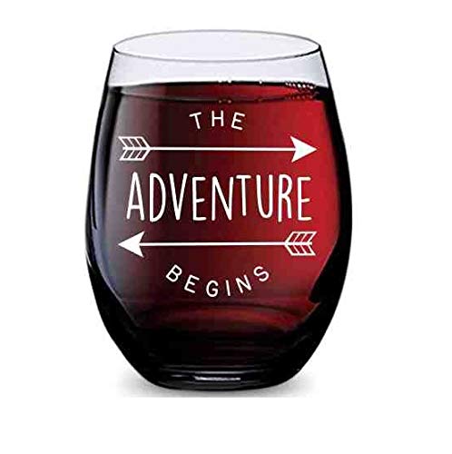 GSM Brands Stemless Wine Glass for Weddings, Graduation, New Jobs, New Homes, and New Babies (Adventure Begins) Made of Unbreakable Tritan Plastic and Dishwasher Safe - 16 ounces