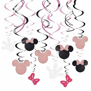minnie happy birthday hanging swirl decorations, ceiling streamers mini mouse birthday party supplies, dumbo decorations party favors for kids girls glitter rose gold, black and white decor