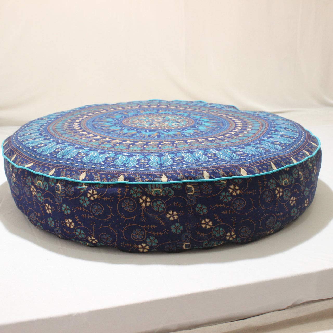 GDONLINE Indian Large Mandala Floor Pillow Comfortable Home Car Bed Sofa Large Mandala Floor Pillows Round Bohemian Meditation Cushion Cover Ottoman Pouf Cover Blue Color Round Pouf Cat Dog Bed