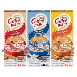 nestle coffee mate creamer singles variety pack, original, french vanilla, hazelnut, non dairy, no refrigeration, 150 count (pack of 3)