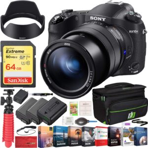 sony rx10 iv cyber-shot high zoom 20.1mp camera with 24-600mm f.2.4-f4 lens bundle with 64gb memory card, camera bag, 2x battery and photo and video professional editing suite