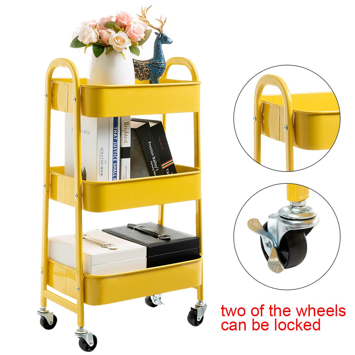 AGTEK Makeup Cart, Movable Rolling Organizer Cart, 3 Tier Metal Utility Cart, Yellow