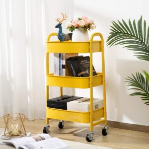 AGTEK Makeup Cart, Movable Rolling Organizer Cart, 3 Tier Metal Utility Cart, Yellow