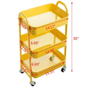 AGTEK Makeup Cart, Movable Rolling Organizer Cart, 3 Tier Metal Utility Cart, Yellow