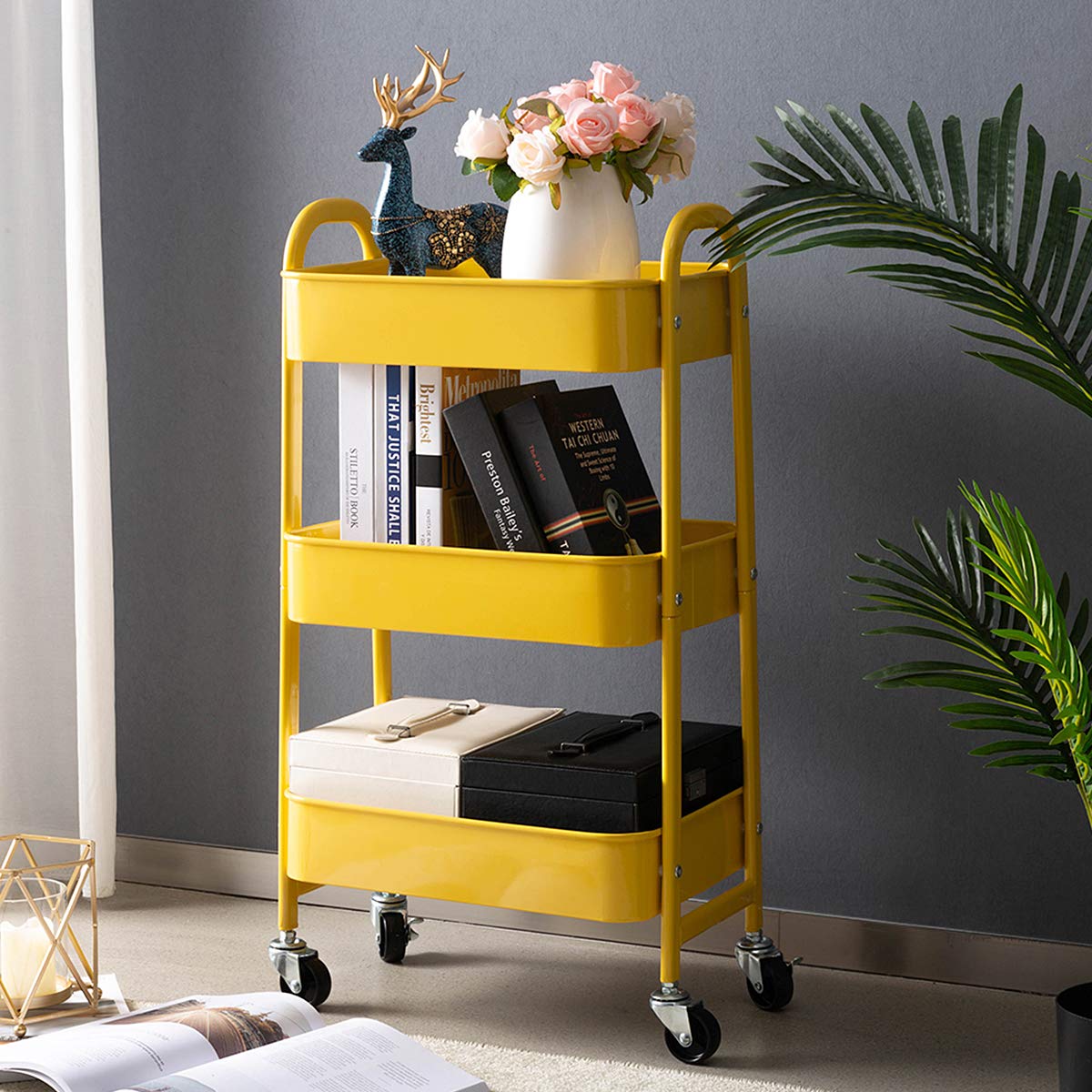 AGTEK Makeup Cart, Movable Rolling Organizer Cart, 3 Tier Metal Utility Cart, Yellow