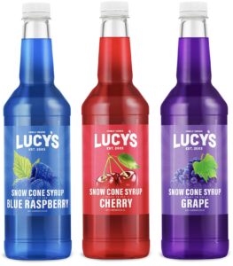 lucy's family owned shaved ice snow cone syrups - cherry, blue raspberry, grape - 32oz syrup bottles (pack of 3) (classic pack)