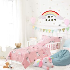 uozzi bedding unicorn 4 pieces toddler bedding set with colorful rainbow stars pink cute girls toddler bed comforter sheet set and pillowcases