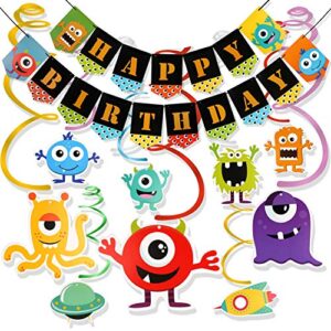 konsait monster bash birthday party decorations, monster hanging swirl decoration and happy birthday banner for boys girls kids birthday party supplies