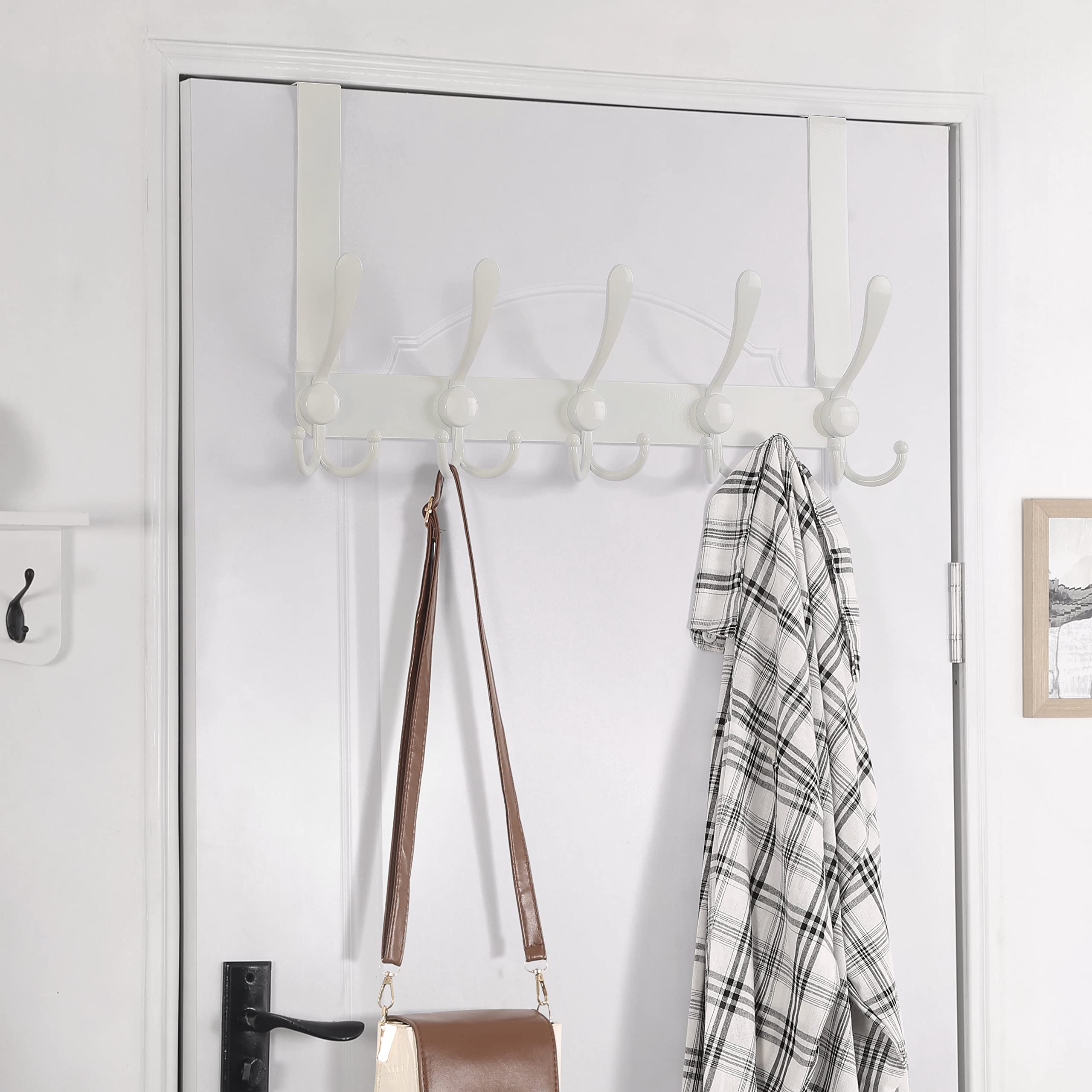 Dseap Over The Door Hook Hanger - 5 Tri Hooks, Heavy Duty Over The Door Towel Rack Coat Rack for Clothes Hat Towel, White, 2 Packs