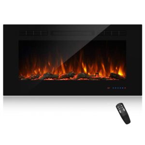 masarflame 42" recessed electric fireplace insert, 5 flame settings, log set or crystal options, temperature control by touch panel & remote, 750/ 1500w heater, black