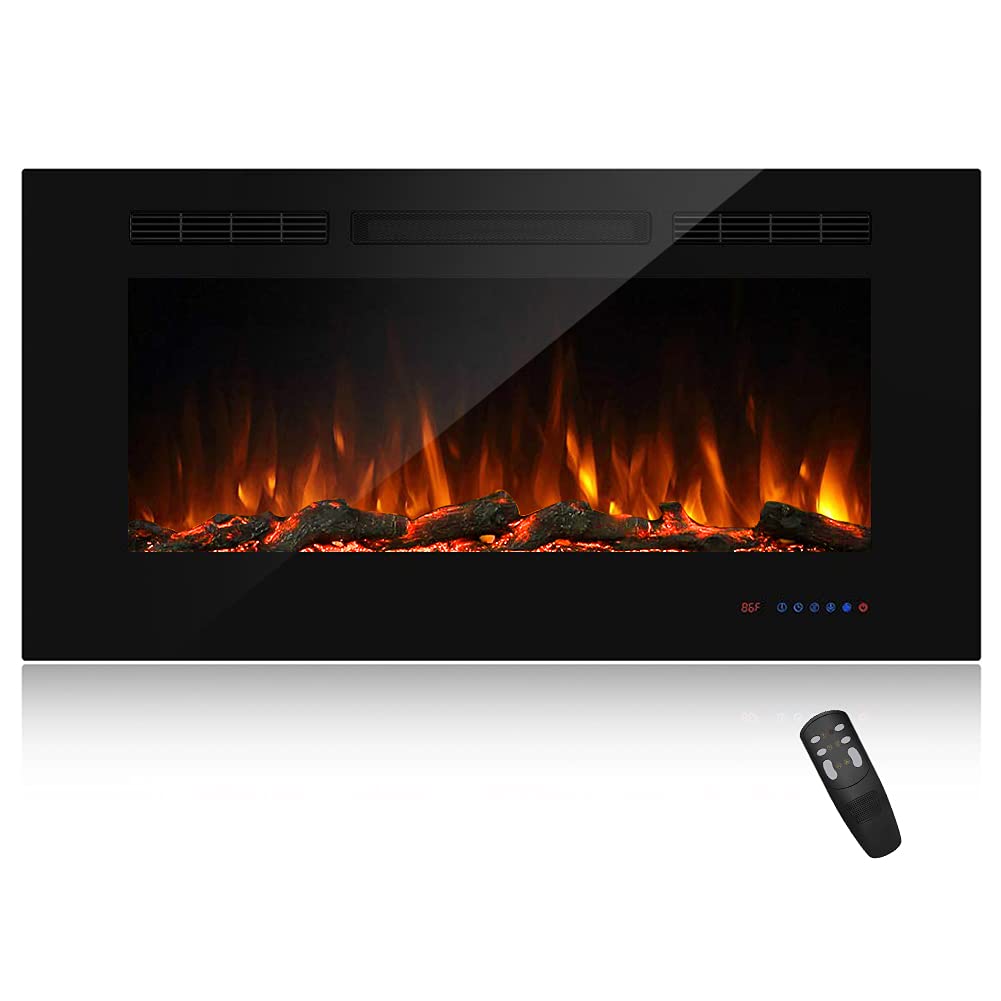 Masarflame 42" Recessed Electric Fireplace Insert, 5 Flame Settings, Log Set or Crystal Options, Temperature Control by Touch Panel & Remote, 750/ 1500W Heater, Black