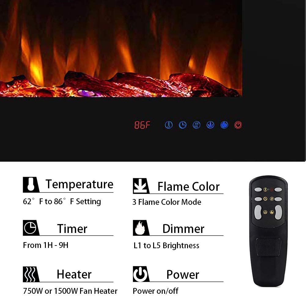 Masarflame 42" Recessed Electric Fireplace Insert, 5 Flame Settings, Log Set or Crystal Options, Temperature Control by Touch Panel & Remote, 750/ 1500W Heater, Black