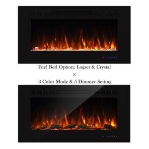 Masarflame 42" Recessed Electric Fireplace Insert, 5 Flame Settings, Log Set or Crystal Options, Temperature Control by Touch Panel & Remote, 750/ 1500W Heater, Black