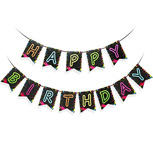 Glow Party Happy Birthday Banner Decoration（Already Assembled）, 80s Birthday Banner Glow Party Decorations, Glow in the Dark Party Supplies, Neon Party Birthday Decorations