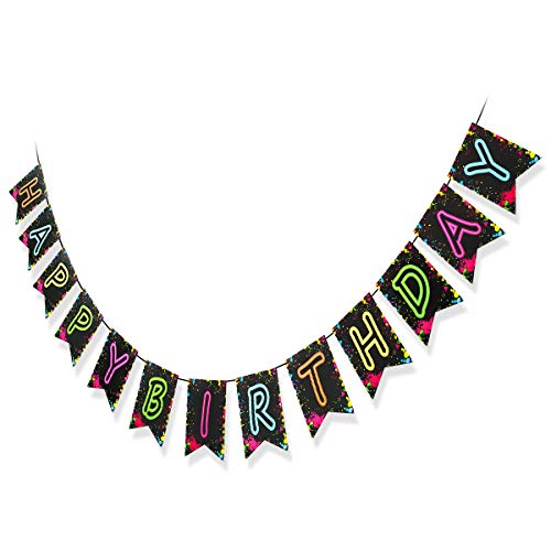 Glow Party Happy Birthday Banner Decoration（Already Assembled）, 80s Birthday Banner Glow Party Decorations, Glow in the Dark Party Supplies, Neon Party Birthday Decorations