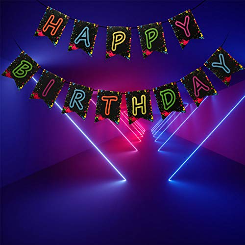 Glow Party Happy Birthday Banner Decoration（Already Assembled）, 80s Birthday Banner Glow Party Decorations, Glow in the Dark Party Supplies, Neon Party Birthday Decorations