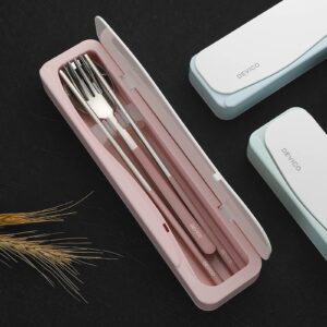 DEVICO Travel Utensils, 18/8 Stainless Steel 4pcs Cutlery Set Portable Camp Reusable Flatware Silverware, Include Fork Spoon Chopsticks with Case (Pink)