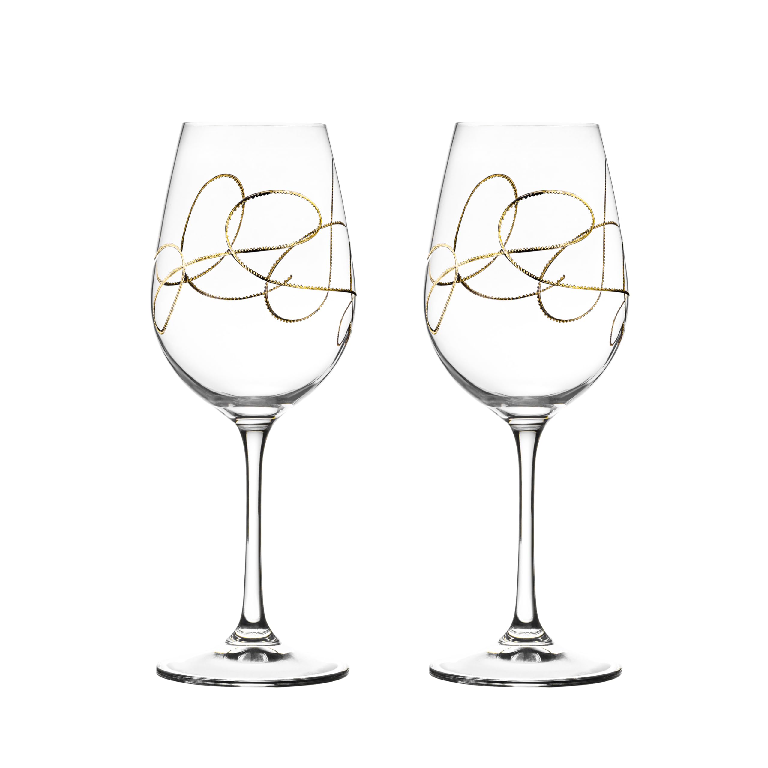 Barski Wine Glass, Goblet, Crystal Glass, Set of 2 Glasses, with Gold String Design, Made in Europe, 14 oz.