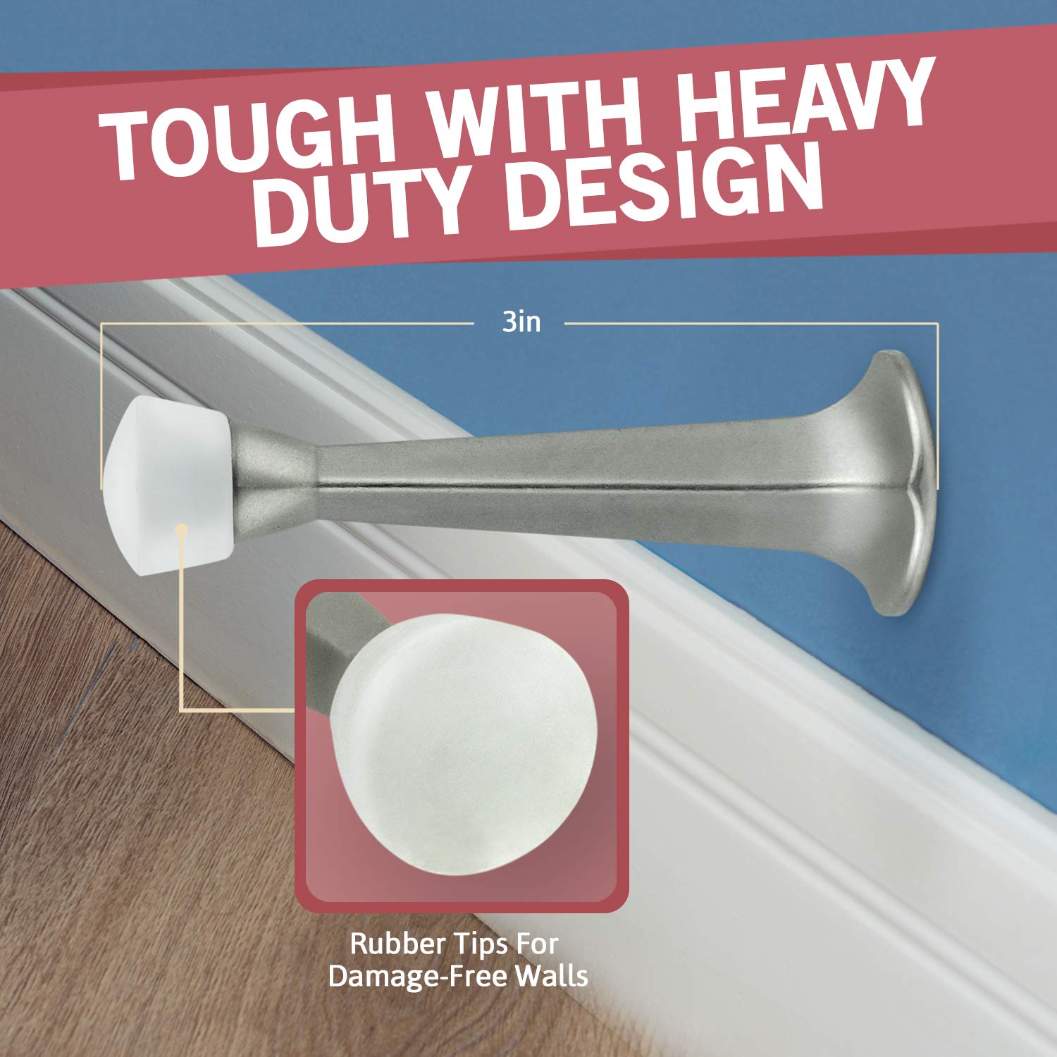 Jack N’ Drill 3-Inch Rigid Door Stop (12 Pack) - Heavy Duty Solid Metal Door Stopper | Prevents Wall & Door Damage - Rigid Rubber Tip Door Stop for Kitchen, Bedroom, Office (Satin Nickel)