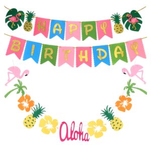 hawaiian party decoration |luau party supplies| hawaiian tropical banner, flamingo garland for pool party supplies,tropical party decoration(set of 2),birthday banner for beach moana party decorations