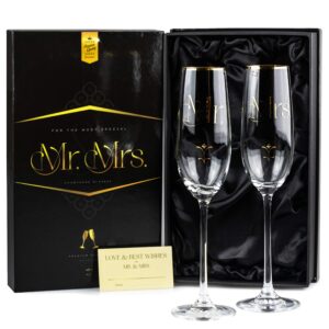say ho um luxury crystal wedding champagne glasses for toasting | gold mr mrs toast flutes set for bride and groom | elegant gift for his and hers engagement, bridal shower, couple anniversary