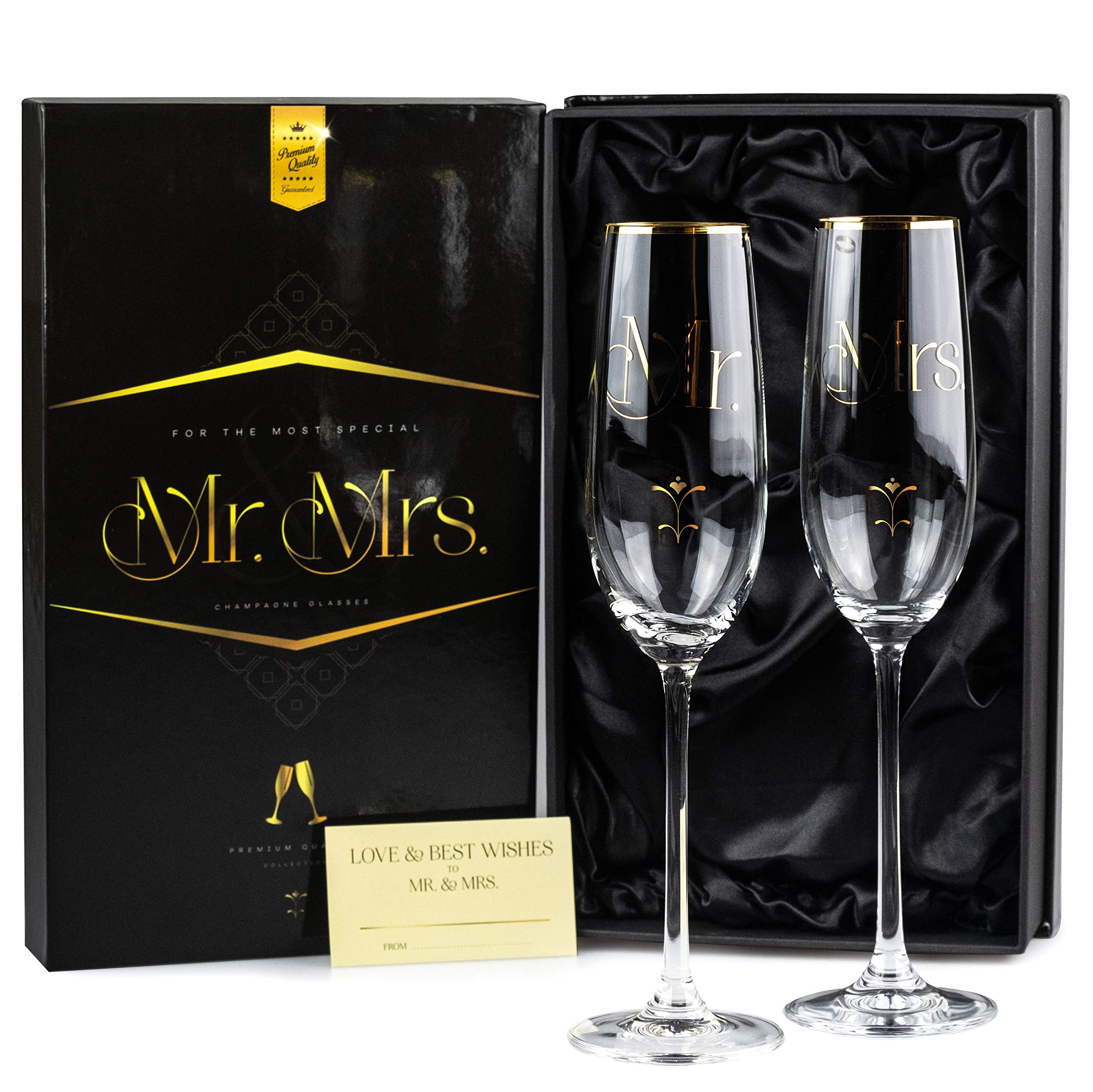 SAY HO UM Luxury Crystal Wedding Champagne Glasses for Toasting | Gold Mr Mrs Toast Flutes Set for Bride and Groom | Elegant Gift for His and Hers Engagement, Bridal Shower, Couple Anniversary